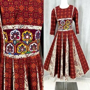 Vintage 90s Handmade Kuchi Dress Shisha Mirror Embroidery Cotton Boho Folk Sz L